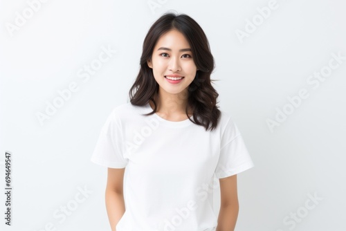Young Asian woman smiling portrait white background