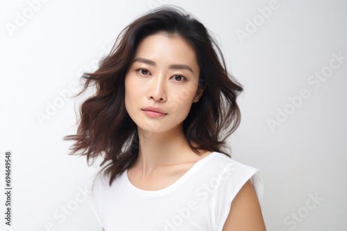 Young Asian woman serious face portrait white background