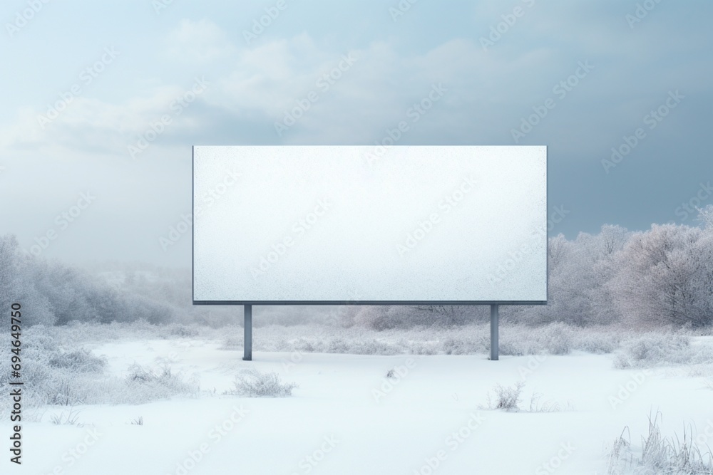 Fototapeta premium A snowy landscape with a billboard in the foreground, providing a winter-themed canvas for your custom messaging.
