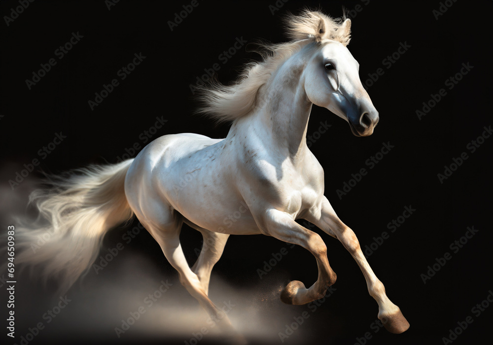 realistic illustration of running white horse isolated on black background