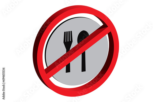 No Eat symbol with spoon and fork logo crossed in 3d red prohibited sign vector illustration with transparency isolated