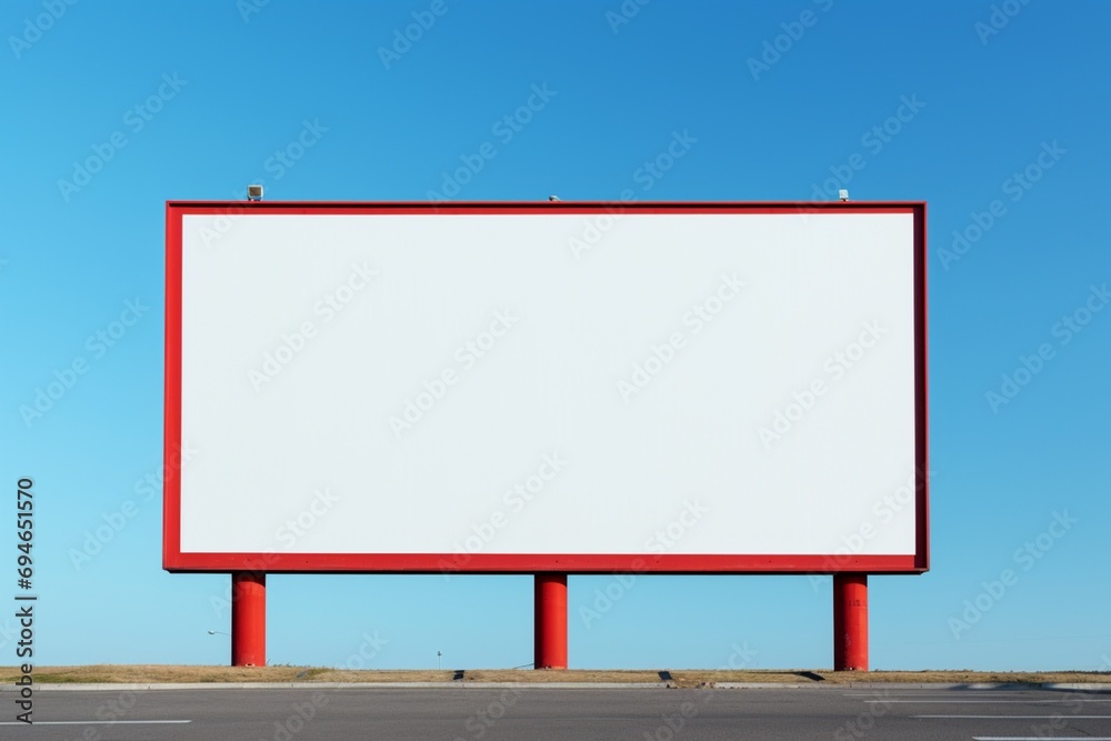A vibrant red billboard, standing tall against a deep blue background, ready for custom labels. A vibrant red billboard, standing tall against a deep blue background, ready for custom labels.