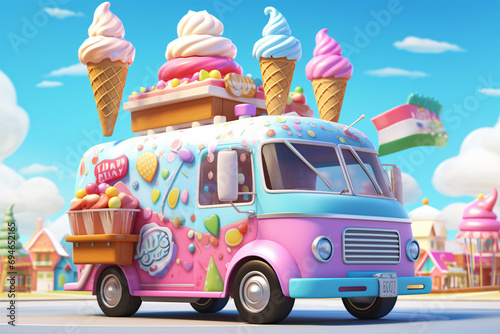 3D illustration  cute cartoon style ice cream truck car