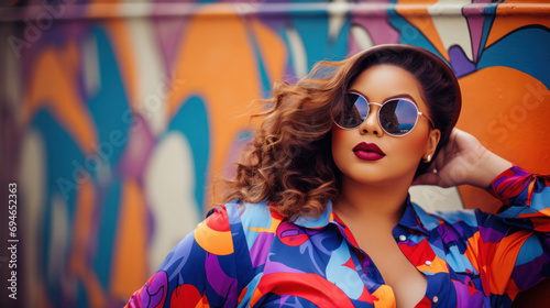Stylish american plus size model at streets of city against graffity wall. photo