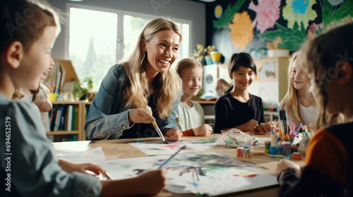 Smiling woman teaching art class to group of children. Creative education. photo