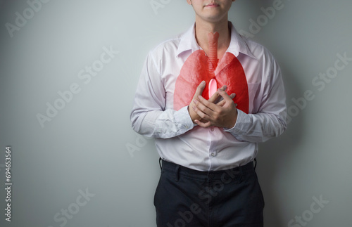 Male patients with respiratory or lung diseases, bad air, dust, tuberculosis, lung cancer, emphysema, cough from the flu, and viral infections. Double Exposure with lungs photo