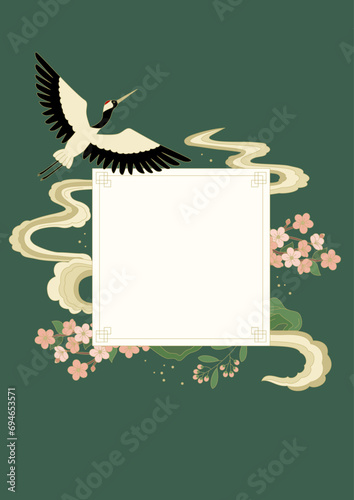 Vector illustration of crane and Korean traditional pattern.