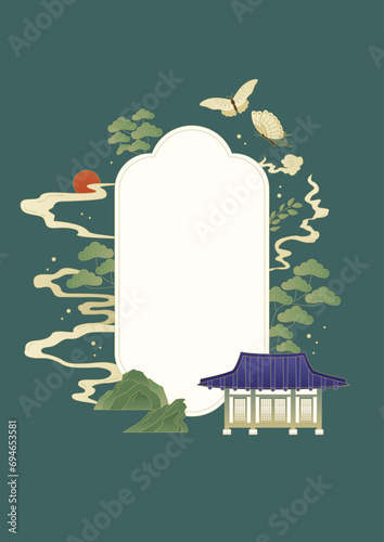 Korean traditional house and pine tree illustration.