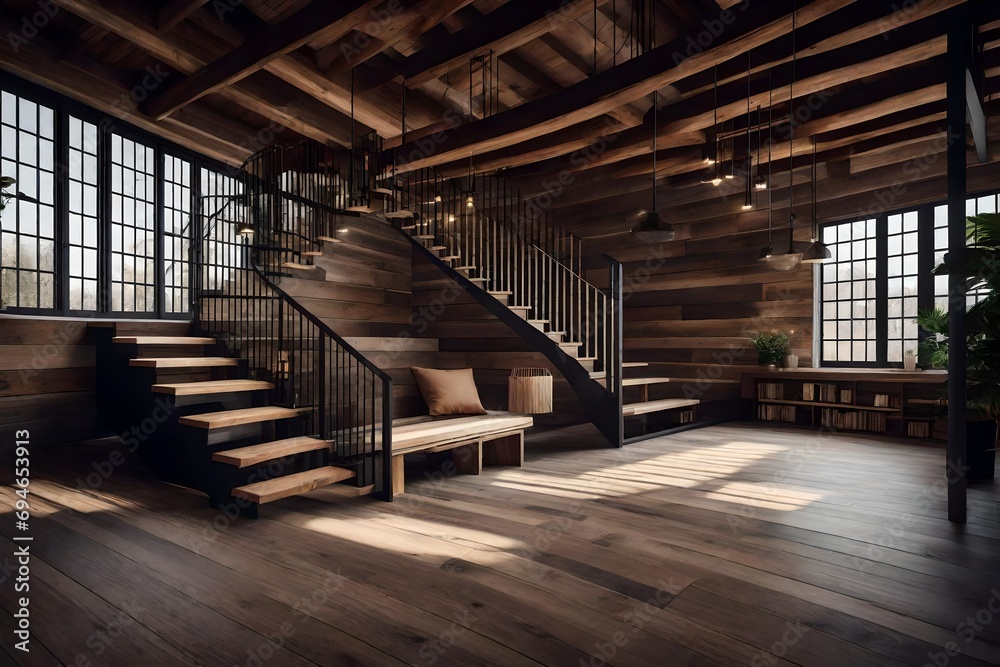 Loft Interior Design with Staircase and Wooden Bench