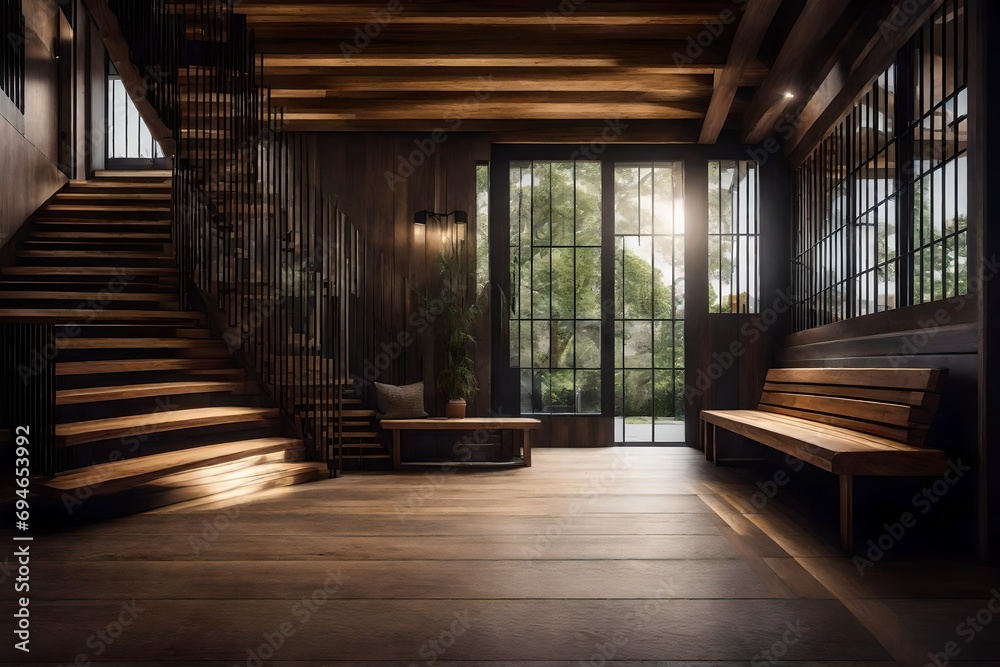 Modern Entrance Hall Design with Staircase and Rustic Wooden Bench