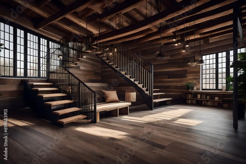 Loft Interior Design with Staircase and Wooden Bench © Muhammad