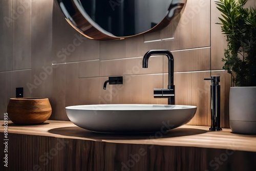 Black Vessel Sink and Faucet on a Wooden Countertop Canvas