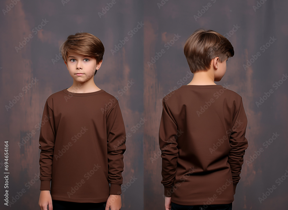 Front and back views of a little boy wearing a brown long-sleeve T-shirt Front and back views of a little boy wearing a brown long-sleeve T-shirt