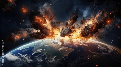 Planet Earth exploding from nuclear blast. Explosion of atomic bomb. Apocalypse, world war 3. AI Generated