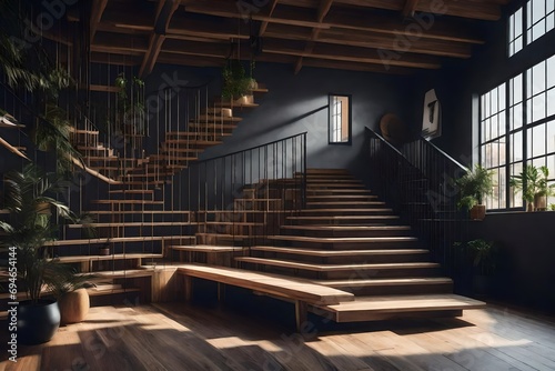 Modern Loft Entrance Hall with Staircase and Wooden Bench