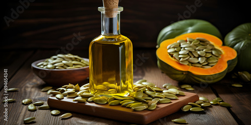Pumpkin Seed Oil's Culinary Magic in a Glass Bottle on Rustic Wood photo