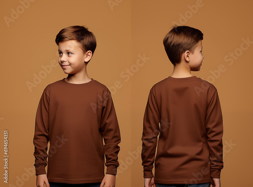 Front and back views of a little boy wearing a brown long-sleeve T-shirt