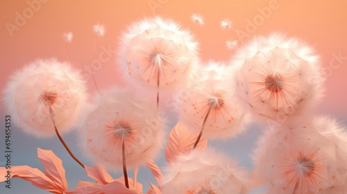 fluffy dandelions on a peach background; conceptual color of the year 2024, Peach Fuzz. Floral background. Pantone color photo