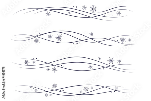 Snow wind doodle illustration. Flakes swirl blizzard. Wavy cold snowstorm. Vector wavy flow foe Christmas decoration