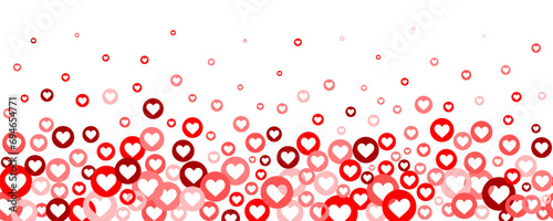 Hearts vector background. Love likes border for Valentines and Mothers Day banner. Flying red confetti elements on white background. Stream reaction illustration for social media