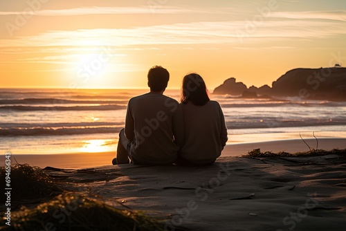 the back of a young couple happily watching the waves on the beach at sunset. generative AI