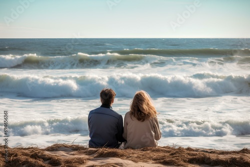 the back of a young couple happily watching the waves on the winter beach. generative AI