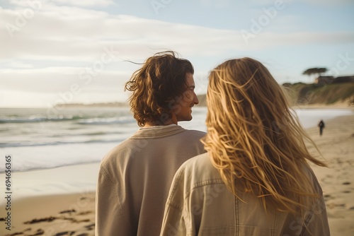the back of a young couple happily watching the waves on the beach. generative AI