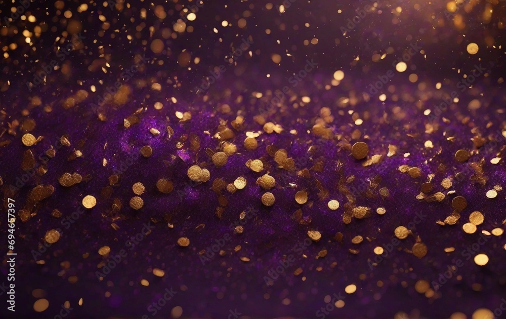 Abstract background with Dark purple and gold particle. Golden glitter on bokeh background. Festive abstract background.
