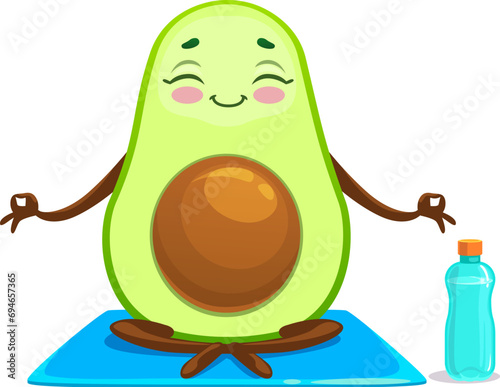 Cartoon Mexican cheerful avocado character on yoga fitness, vector emoji or kawaii emoticon. Cute avocado in meditation on yoga rug with water bottle, fitness sport or kids mascot personage