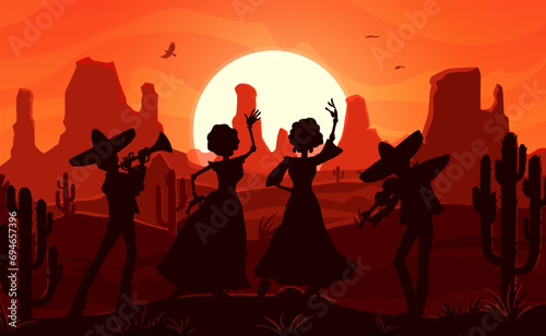 Mexican desert sunset landscape. Silhouettes of dancing women and musicians with sombrero hats on vector background of Wild West desert mountains, cactuses, setting sun and birds in orange sky photo