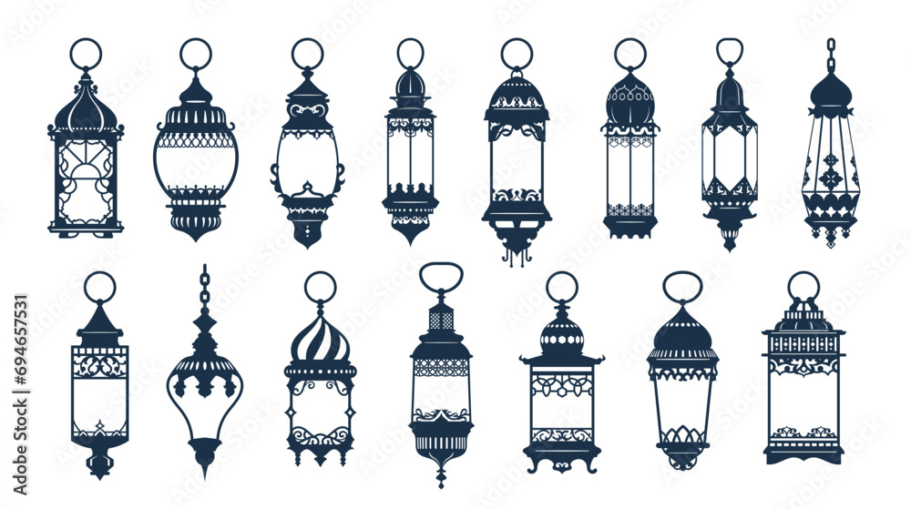 Ramadan or Eid Mubarak arab islamic famous lantern or lamp silhouettes. Middle east ancient kerosene hanging light, Turkish antique gas lamp or islamic vintage lantern isolated vector silhouettes set Ramadan or Eid Mubarak arab islamic famous lantern or lamp silhouettes. Middle east ancient kerosene hanging light, Turkish antique gas lamp or islamic vintage lantern isolated vector silhouettes set