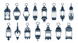 Ramadan or Eid Mubarak arab islamic famous lantern or lamp silhouettes. Middle east ancient kerosene hanging light, Turkish antique gas lamp or islamic vintage lantern isolated vector silhouettes set