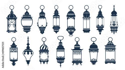Ramadan or Eid Mubarak arab islamic famous lantern or lamp silhouettes. Middle east ancient kerosene hanging light, Turkish antique gas lamp or islamic vintage lantern isolated vector silhouettes set