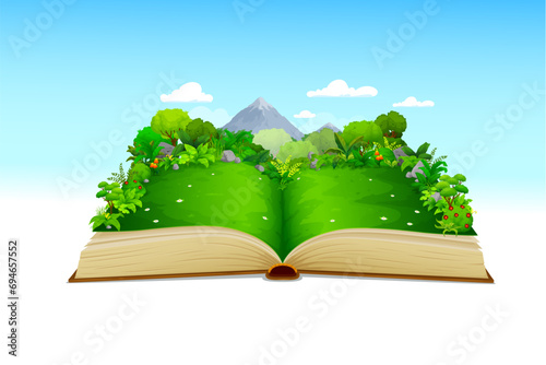 Open nature book with summer meadow or grass lawn, forest and mountain. Ecology education and clean environment background, imagination, storytelling vector concept with nature landscape on book pages