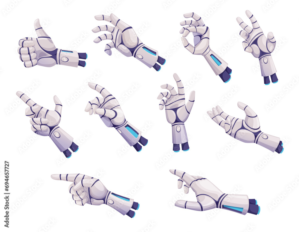 Robot hands or arms. Future artificial technology, cyborg droid mechanical prosthesis. Cartoon vector robotic hands showing thumbs up and OK gesture, pointing, pressing button, holding something