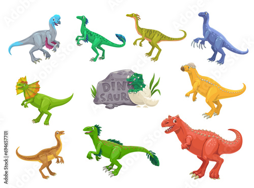 Cartoon dinosaurs reptiles cheerful characters. Extinct reptile  Jurassic era Oviraptor  Troodon  Compsognathus and Therizinosaurus  Dilophosaurus  Pachycephalosaurus dinosaur vector cute personages