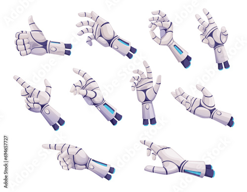 Robot hands or arms. Future artificial technology, cyborg droid mechanical prosthesis. Cartoon vector robotic hands showing thumbs up and OK gesture, pointing, pressing button, holding something