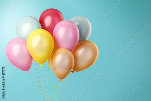 Colorful Birthday Helium Balloon's Bunch on Light Teal Background. Perfect for Happy Anniversary Celebrations