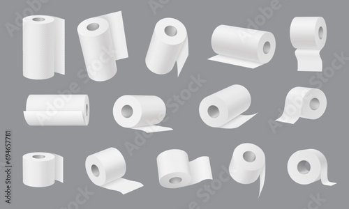 Realistic toilet and towel paper, hygiene icons. Kitchen cleaning towels. Lavatory, bathroom toilet paper rolls or tubes, shop payment receipt spools isolated 3d vector mock up set photo