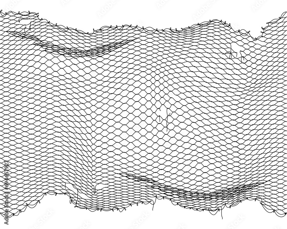 Fish net background, fishnet pattern with vector texture of fishing sport gear. Fisherman rope trap of black white grids with holes, waves and strings. Vintage thread mesh pattern for fishery, fishing - obrazy, fototapety, plakaty 
