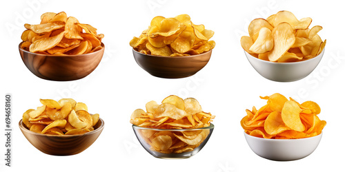 Collection set of potato chips in a bowl isolated on a transparent background photo