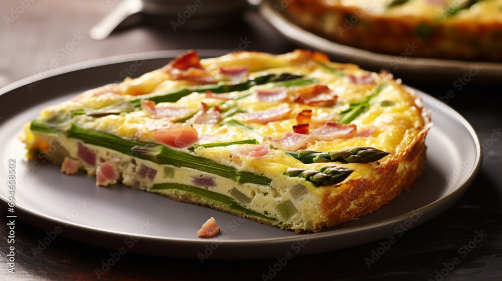 Frittata with prosciutto, pesto sauce, arugula and bell pepper on black plate. Generative AI Frittata with prosciutto, pesto sauce, arugula and bell pepper on black plate. Generative AI