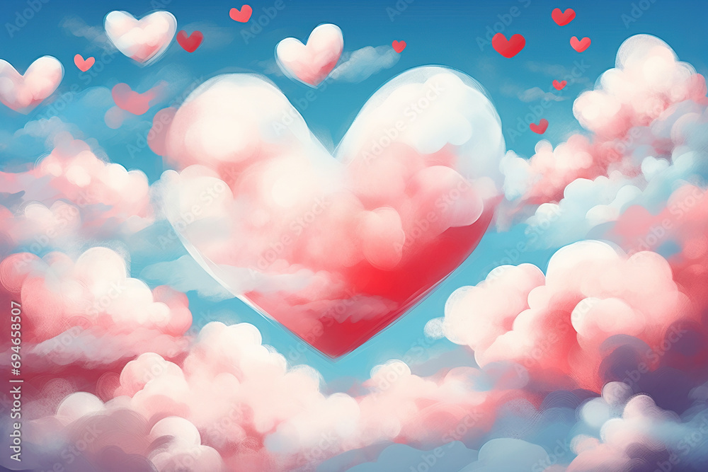 Heart Shaped Clouds Floating in the Sky, Abstract Happy Valentine's Day Love Themed Background, Watercolor Painting