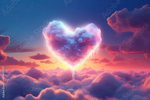 Heart Shaped Neon Light Clouds of Love in Sunset Sky. Perfect for Valentine's Day, Marriage, Wedding, and Birthday Celebrations