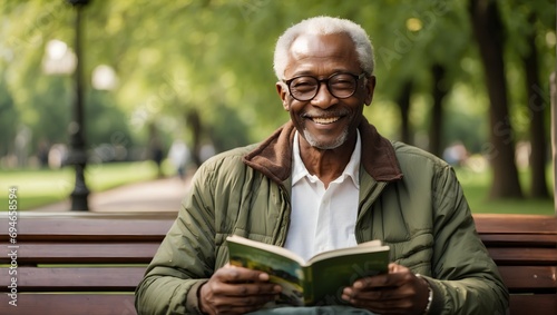 An elderly African man in glasses and a green jacket smiles while holding a book in his hands photo