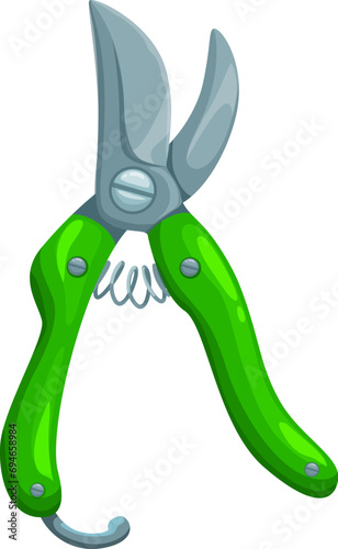 Garden pruner or clippers, isolated cartoon vector handheld cutting tool for precision pruning and trimming of plants, shrubs, and small branches in gardens, helping maintain their shape and health