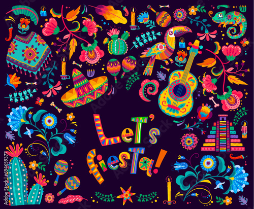 Let us fiesta Mexican banner with sombrero, maracas and poncho in tropical flowers ornament, vector background. Mexican holiday or fiesta party poster with Aztec pyramid, toucan bird and chili peppers