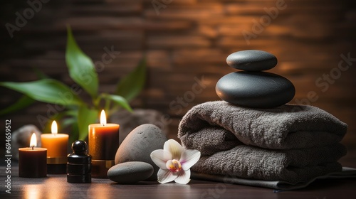 A tranquil spa setting with harmonious stone towers, candlelight and soft towels, ideal for meditation.