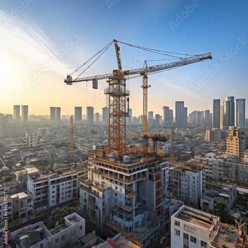 captures a bustling construction site amidst an expansive cityscape