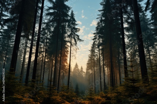 captures a serene and tranquil forest scene during the early hours of the morning or at dawn